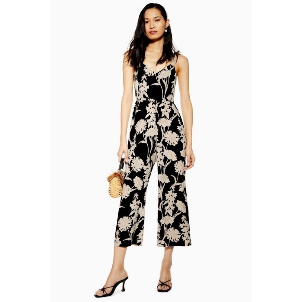 TOPSHOP | London Floral Contrast Tie Back Jumpsuit Size 4 Cream Black